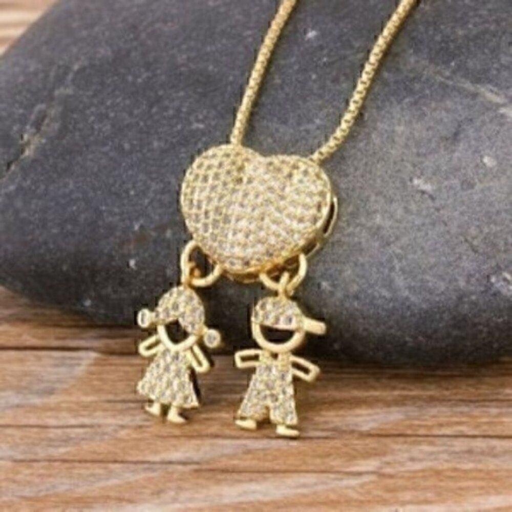 Gold Color Cubic Zirconia Family Girl and Boy Pendant Necklace Copper Chain